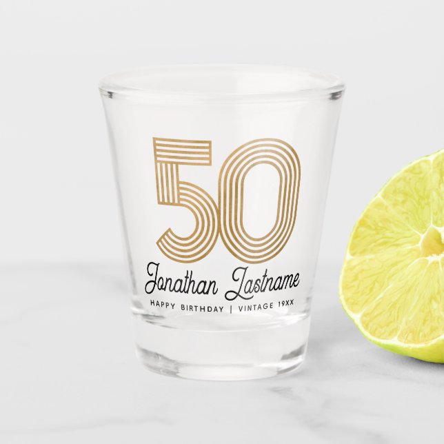 Copo de Shot de 50º Aniversário Dourado e Preto (Frente)