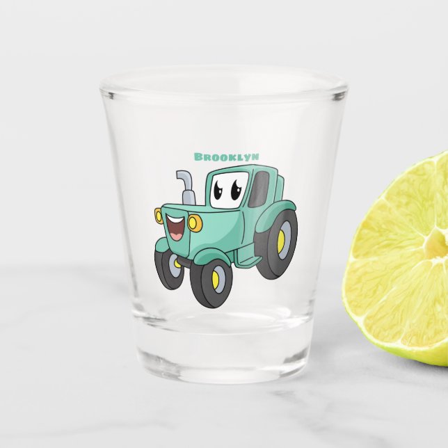 Copo De Shot Desenho animado de trator verde fofo e feliz (Frente)