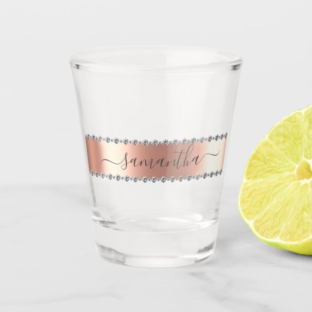 Copo De Shot Diamond Bling Calliografia Nome Rosa Dourado (Frente)