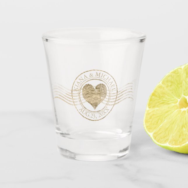 Copo De Shot Dourado Casamento de Coração Românico Francês ID87 (Frente)