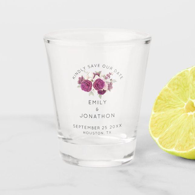 Copo De Shot Elegante Burgundy Florals Guarda A Data (Frente)