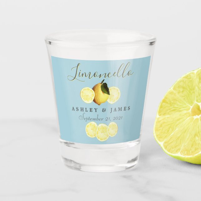 Copo De Shot Elegante Script Watercolor Lemon Wedding Limoncell (Frente)