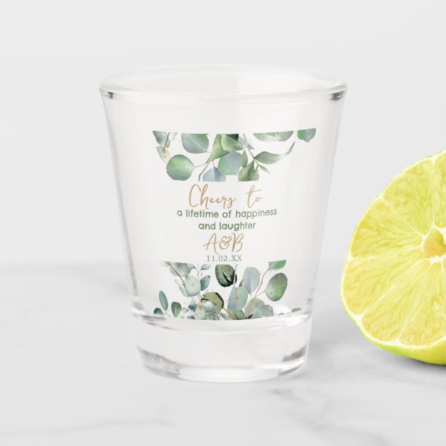 Copo De Shot Eucalyptus Dourado Glitter - Casamento Verde (Frente)