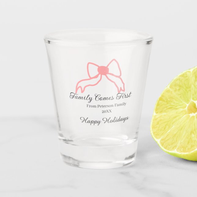 Copo De Shot Family comes first red bow family name holidays (Frente)