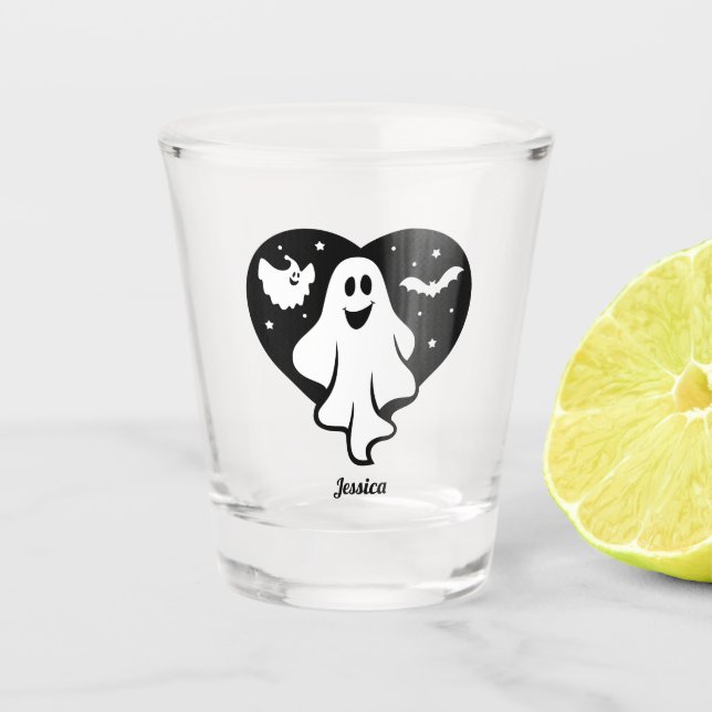 Copo De Shot Fantasma Bonita Do Halloween Com Coração E Bat (Frente)