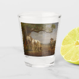 Copo De Shot Fazendeiros Descansados em Campo com Cavalos e Flo