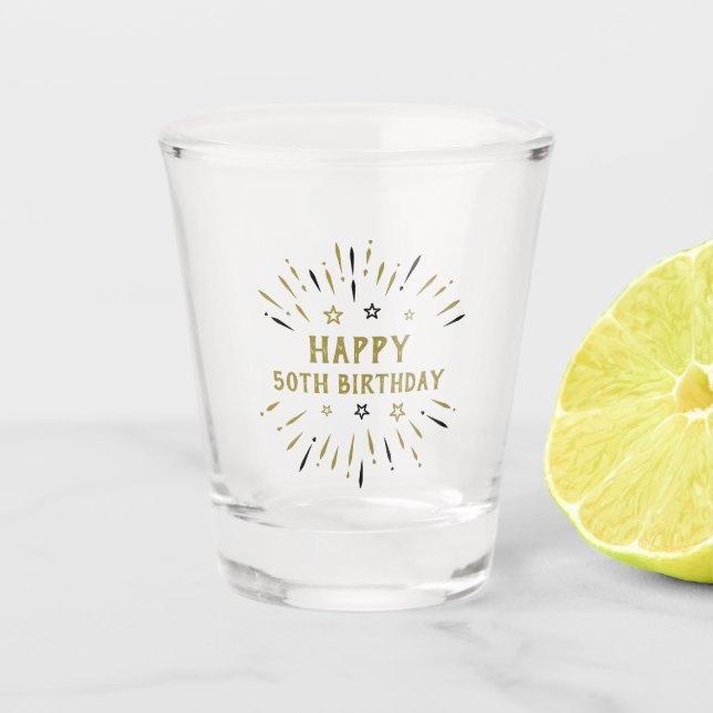 Copo De Shot Feliz 50º aniversário Fogos de artifício Dourados  (Frente)