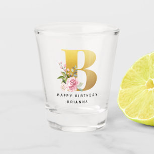 Copo De Shot Feliz Aniversário Floral Monograma Nome Personaliz