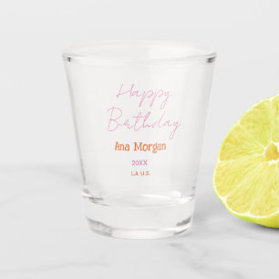 COPO DE SHOT FELIZ ANIVERSÁRIO ROSA LARANJA NOME SIMPLES ANO LO