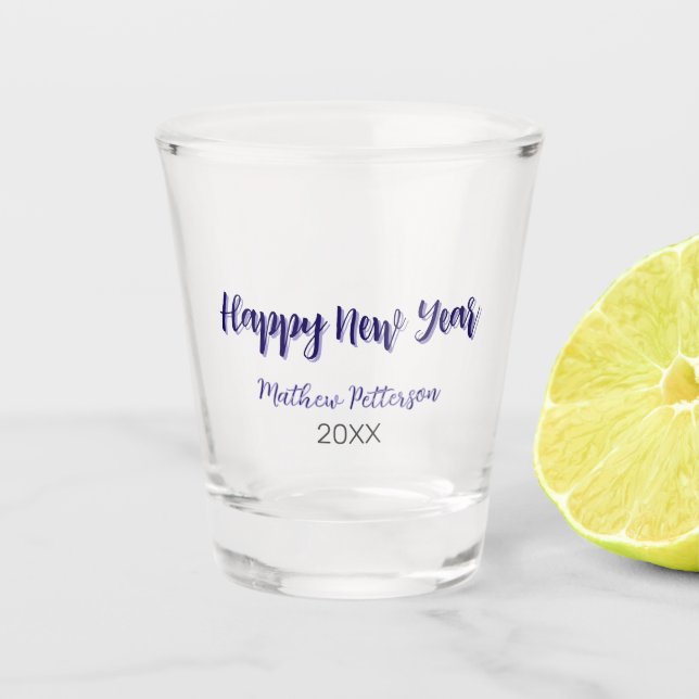 Copo De Shot Feliz ano novo roxo adicionar nome preto ano simpl (Frente)