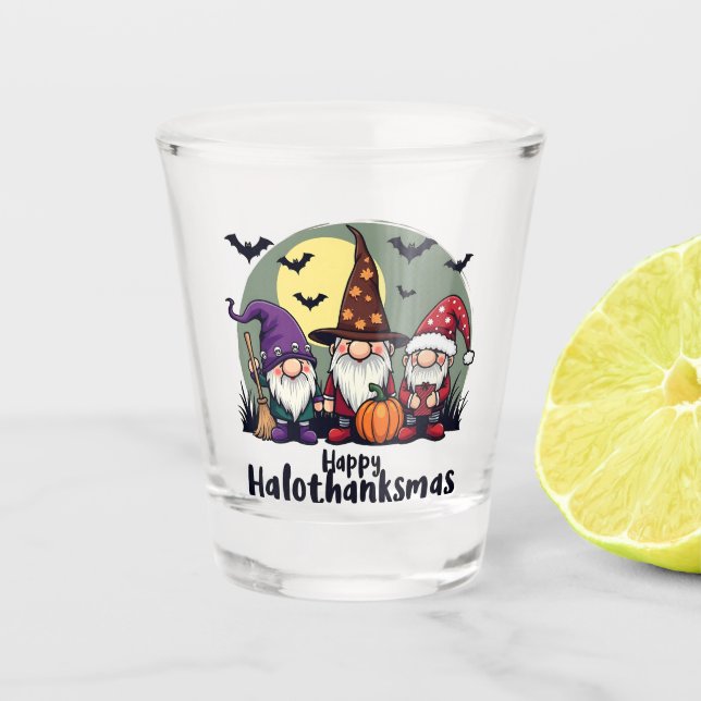 Copo De Shot Feliz Hallothanksmas Xmas Halloween Gnomos (Frente)