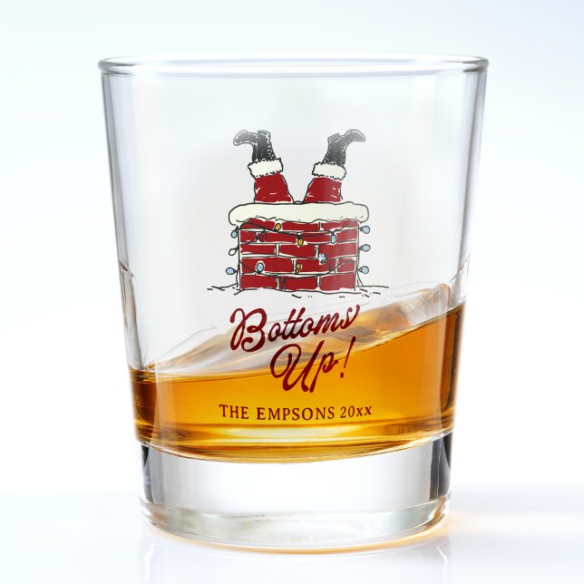 Copo De Shot Feliz Natal Divertido Santa de Cabeça para Baixo A (Funny Christmas shot glass with Santa’s legs upside down in a chimney and text reading Bottoms Up)