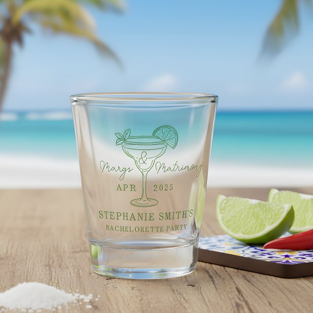 Copo De Shot Festa de Despedida de Solteira Green Margs e Matri (Set the tone for a lively pre-wedding celebration with this mint green “Margs & Matrimony”  glass)