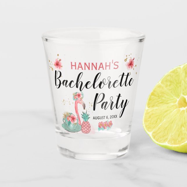 Copo De Shot Festa de Solteira Flamingo Brilho Dourado Rosa (Frente)