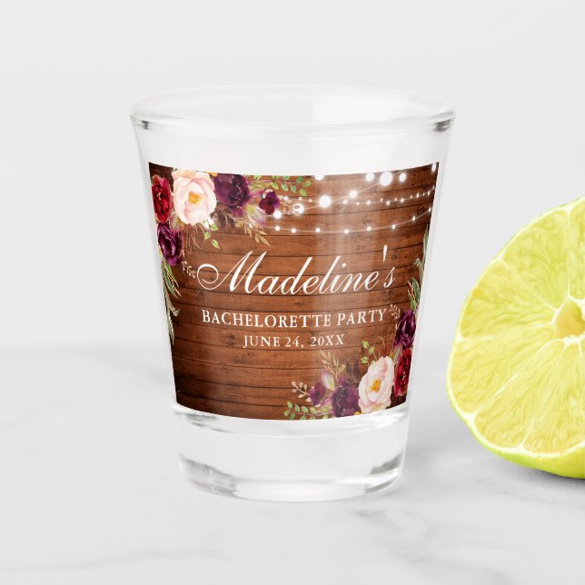 Copo De Shot Festa de Solteira Luzes de Madeira Floral Borgonha (Frente)