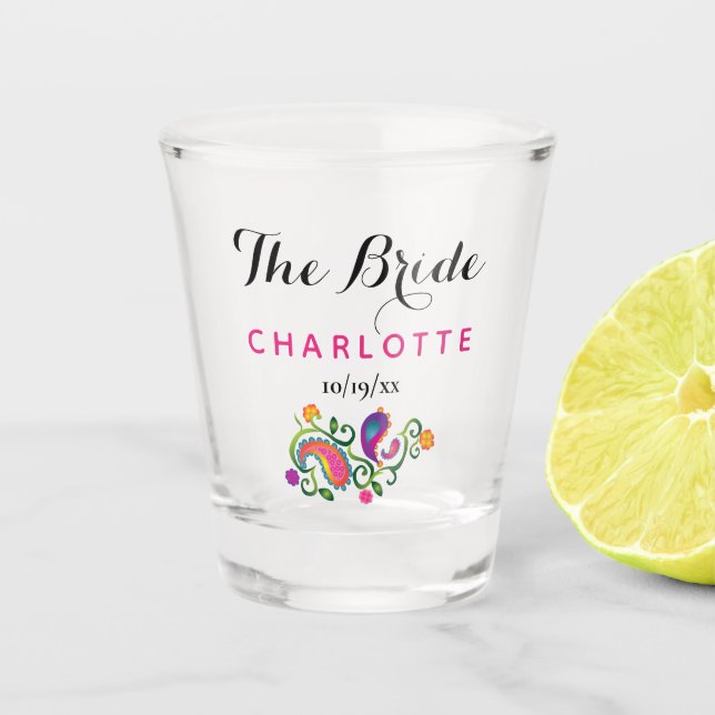 Copo De Shot Festa de solteira Noiva Casamento Rosa Paisley (Frente)