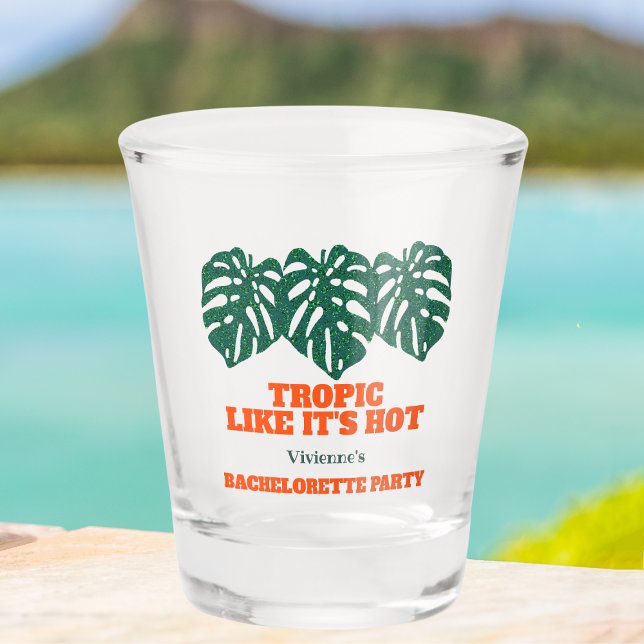 Copo De Shot Festa de solteira tropical Monstera (Tropical bachelorette party favor shot glass Tropic like it's hot glitter monstera green and orange)