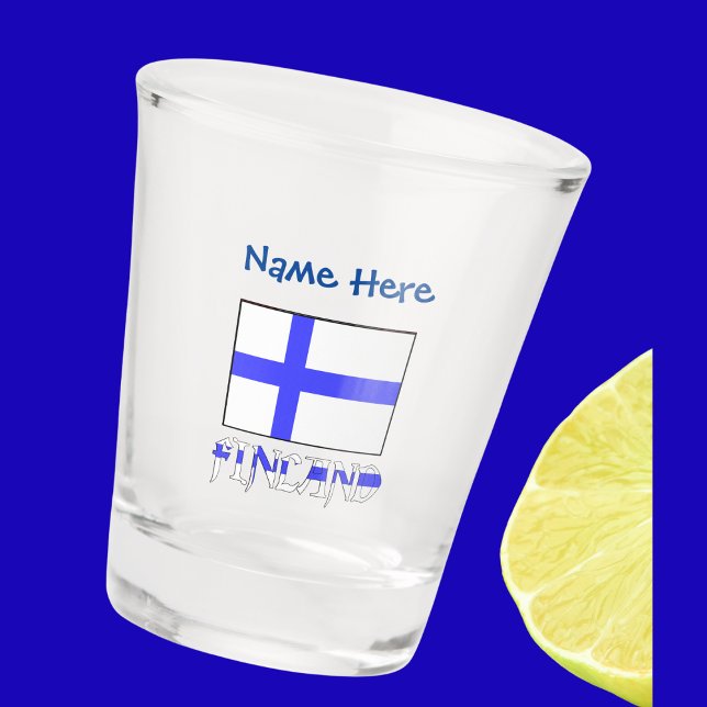 Copo De Shot Finlandês Flag Blue Personalizado (Shot glass has Finnish Flag and word FINLAND below in flag colors. Add name above in blue text.)