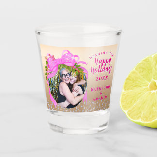 Copo De Shot Fita Rosa Brilhante Natal Dourado