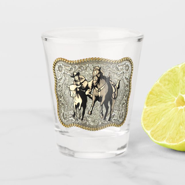 Copo De Shot Fivela do Cowboy do Rodeo Ocidental Steer Wrestlin (Frente)