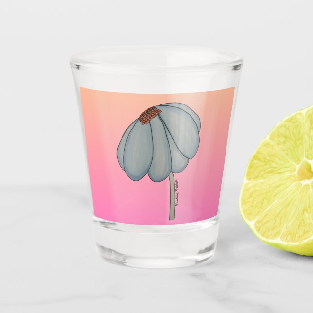 Copo De Shot Flor azul com fundo rosa (Frente)