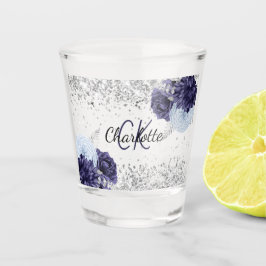 Copo De Shot Florais azul marinho elegantes monograma nome