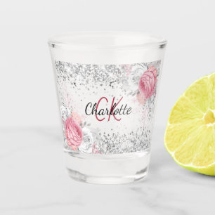 Copo De Shot Florais rosa prata monograma nome elegante