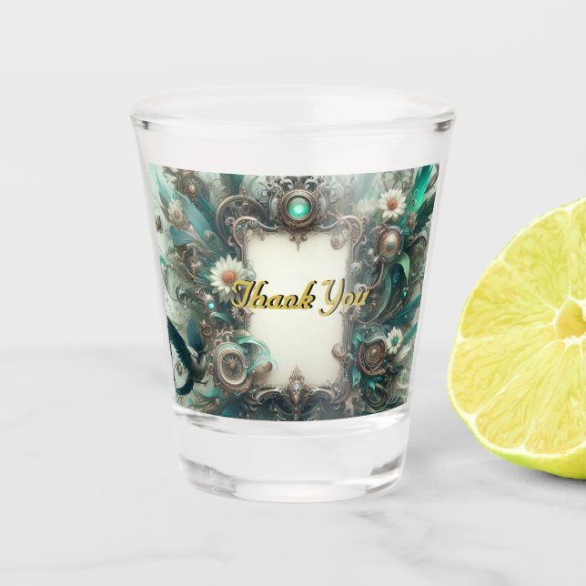 Copo De Shot Floral Steampunk Wedding Green e Silver (Frente)