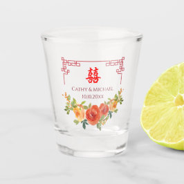 Copo De Shot Flores amarelas laranja moldura chinesa casamento