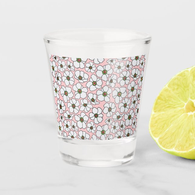 Copo De Shot Flores Brancas e Rosas Modernas  (Frente)