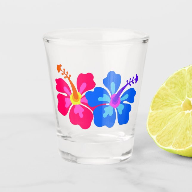 Copo De Shot Flores Hawaianas, de Hibiscus Azul e Rosa (Frente)