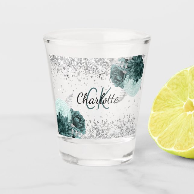 Copo De Shot Flores verde prateadas monograma nome elegante (Frente)