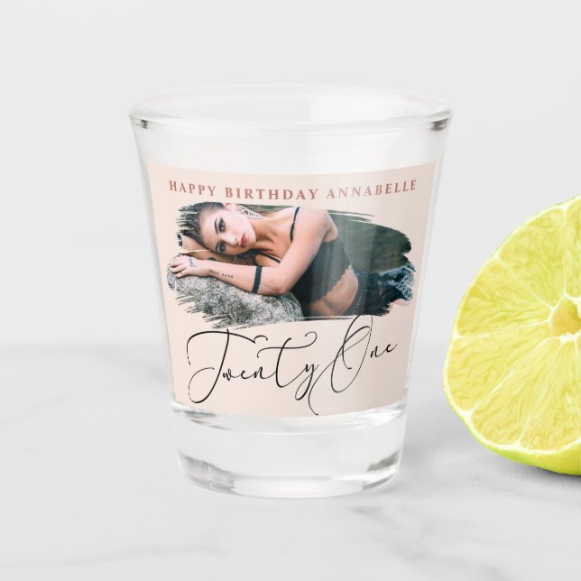 Copo De Shot Foto rosa com aniversário de 21 anos (Frente)