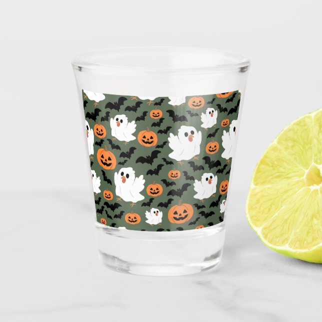 Copo De Shot Frangos Fantasmas Cute Spooky com Pumpkins e Bats (Frente)