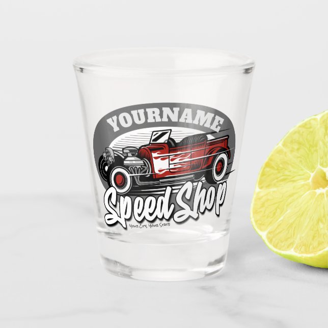 Copo De Shot Garagem Customizada NOME Hot Rod Roadster Speed Sh (Frente)