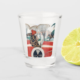 Copo De Shot Garota e Cachorro num Automóvel Vermelho