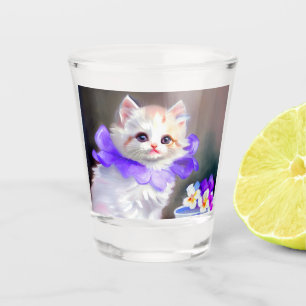 Copo De Shot Gato branco com pintura de colarinho de flores rox