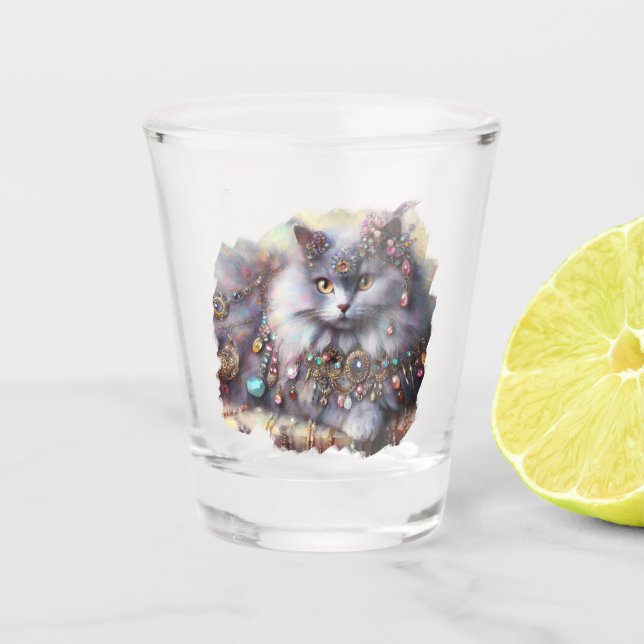 Copo De Shot Gatos De Cinzas De Cabelo Longo Gato Vestindo Gems (Frente)