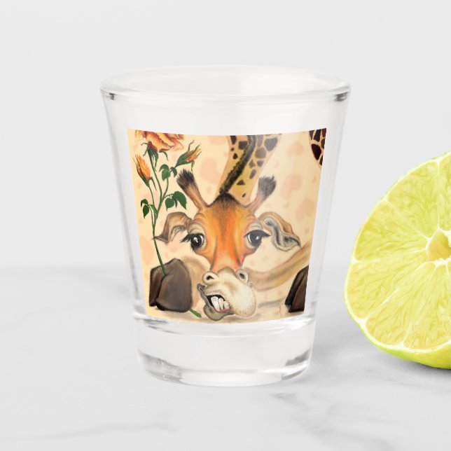 Copo De Shot Girafa Romântica Com Cavalheiro De Vidro Com Rosa (Frente)