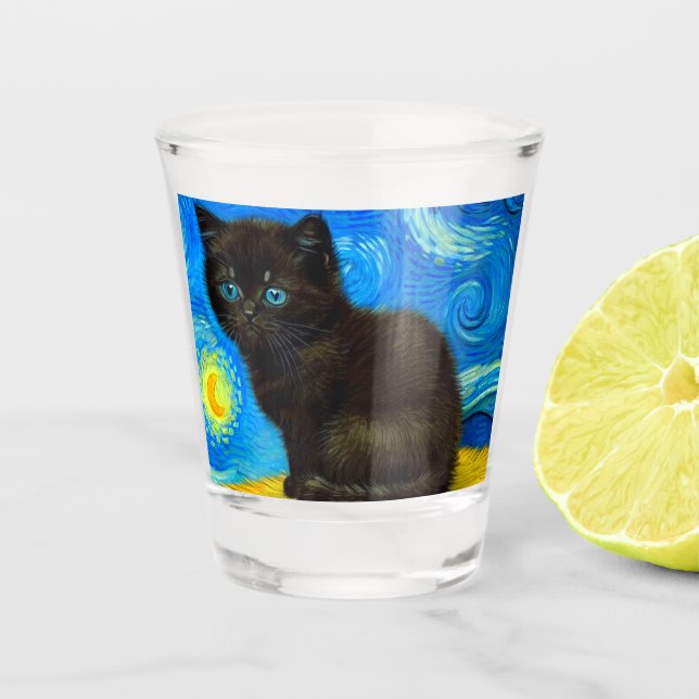 Copo De Shot Gogh Style Starry Night Cat (Frente)