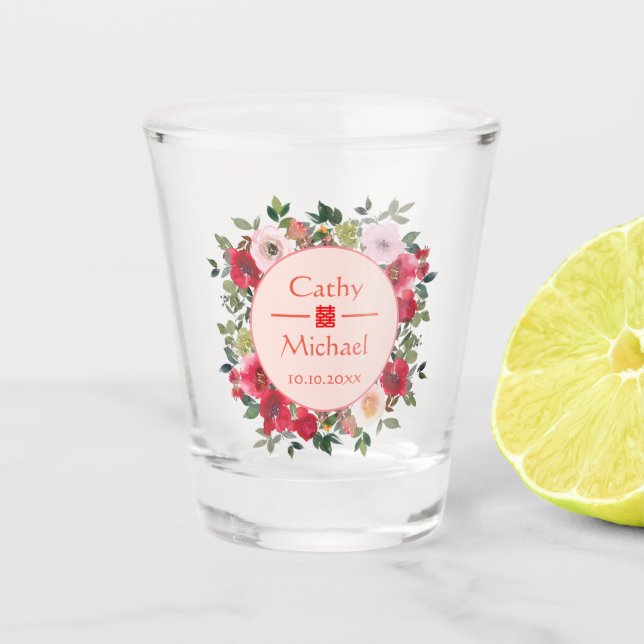 Copo De Shot Grinalda floral de círculo vermelho casamento chin (Frente)