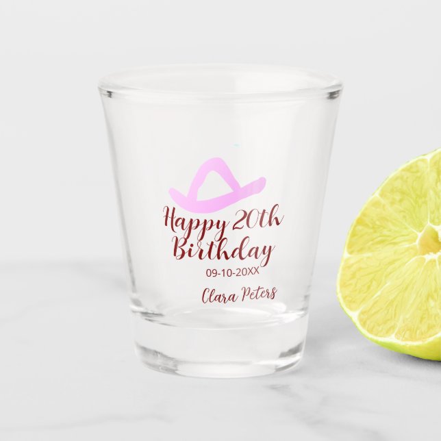 Copo De Shot Happy 20th birthday pink cowboy girl name date sim (Frente)