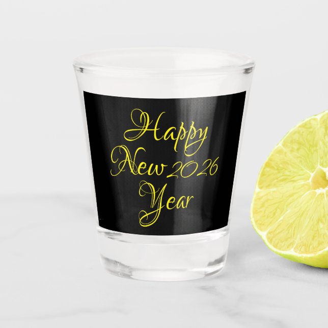 Copo De Shot Happy New Year 2026 Black and Yellow Script  (Frente)