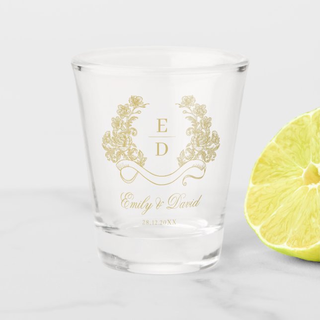 Copo De Shot Heritage Golden Floral Monogram Vintage Wedding  (Frente)