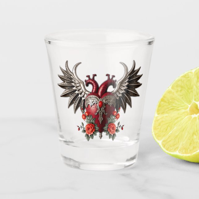 Copo De Shot Ícone gótico romântico: coração, rosa, crânio. (Frente)