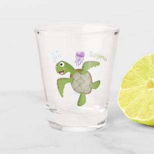 Copo De Shot Ilustração animada feliz da tartaruga verde-branca