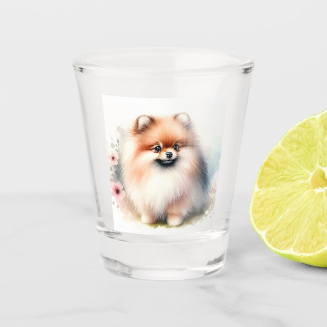 Copo De Shot Ilustração de aquarela da Pomerânia Cuta (Frente)