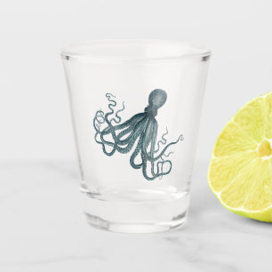 Copo De Shot Ilustração Vintage Octopus Sea Life em Azul