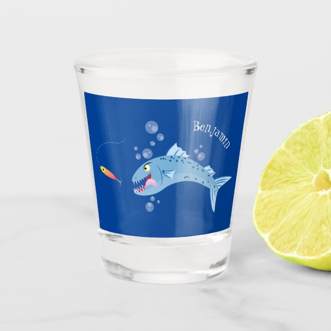 Copo De Shot Imagem de desenho animado de pesca com fome de pei (Frente)