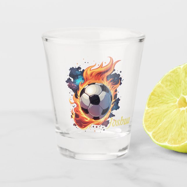 Copo De Shot Jogando bola de futebol com chamas. (Frente)